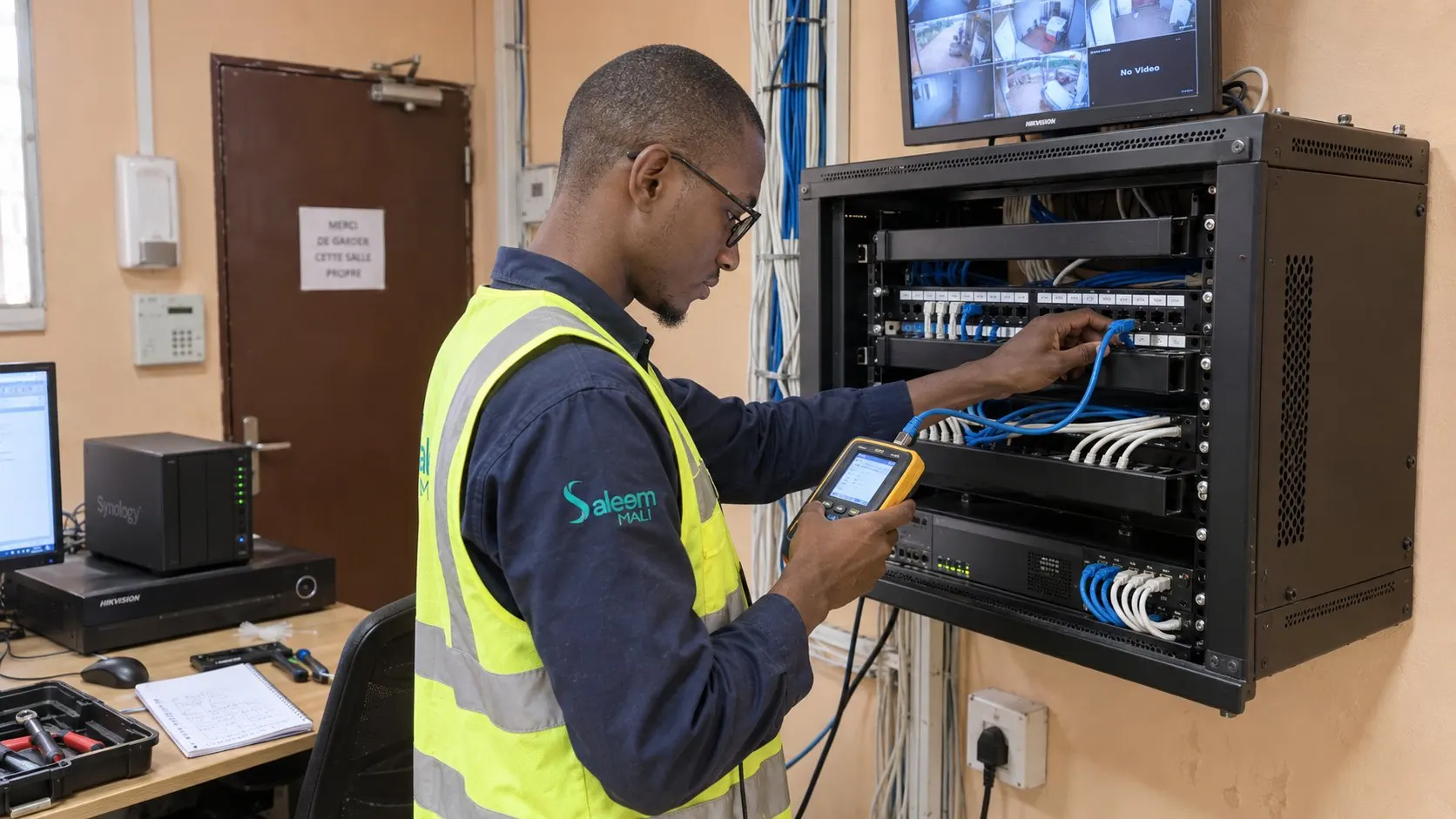 Technicien informatique SALEEM MALI testant une baie de brassage à Bamako