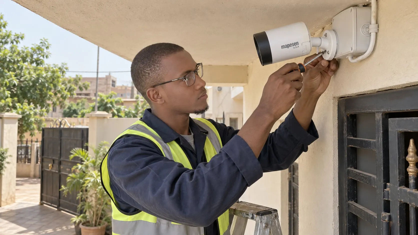 Pose d'une caméra de vidéosurveillance par l'équipe informatique SALEEM MALI à Bamako