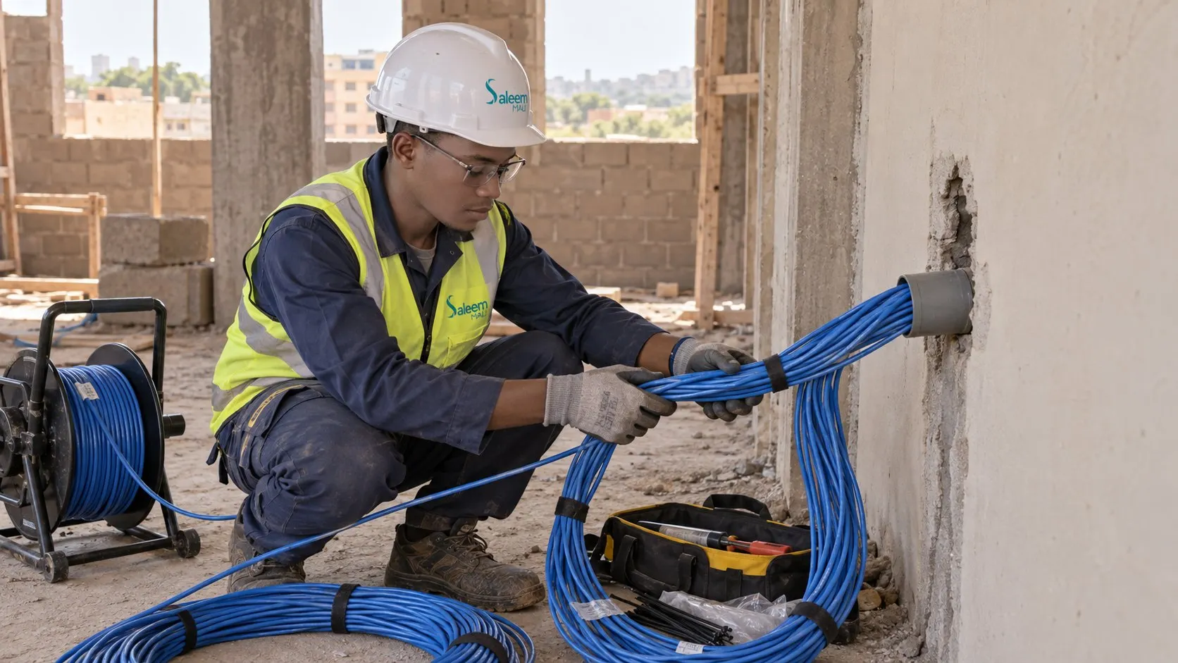 Tirage de câbles réseau en chantier
