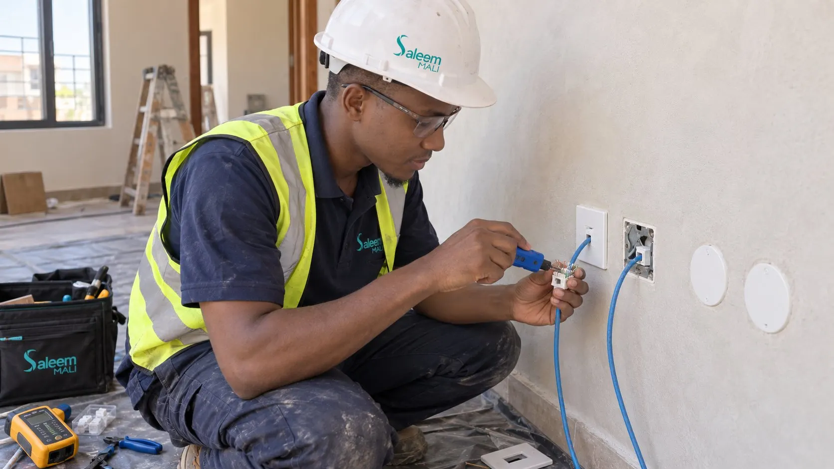 Raccordement d'une prise réseau RJ45 par un technicien informatique à Bamako