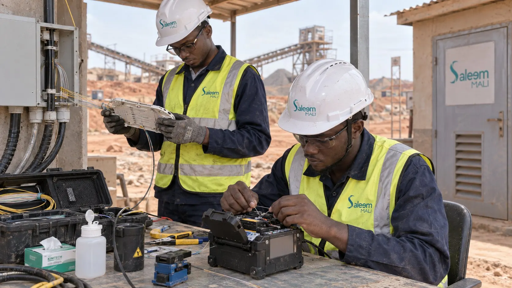 Soudure de fibre optique par l'équipe informatique SALEEM MALI à Bamako (illustration)